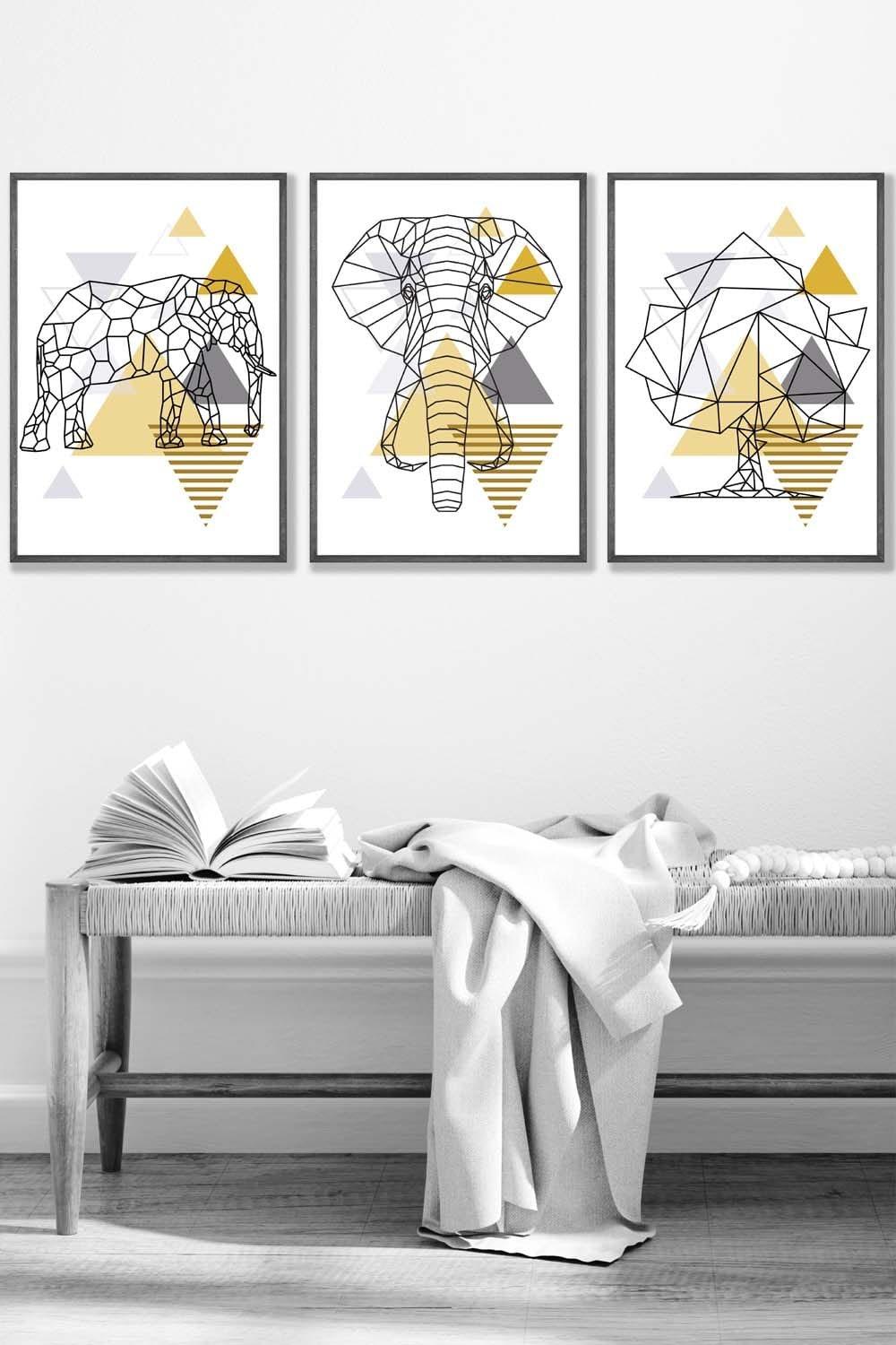 Geometric Line Art Yellow Elephant Tree Set Framed Wall Art - Medium